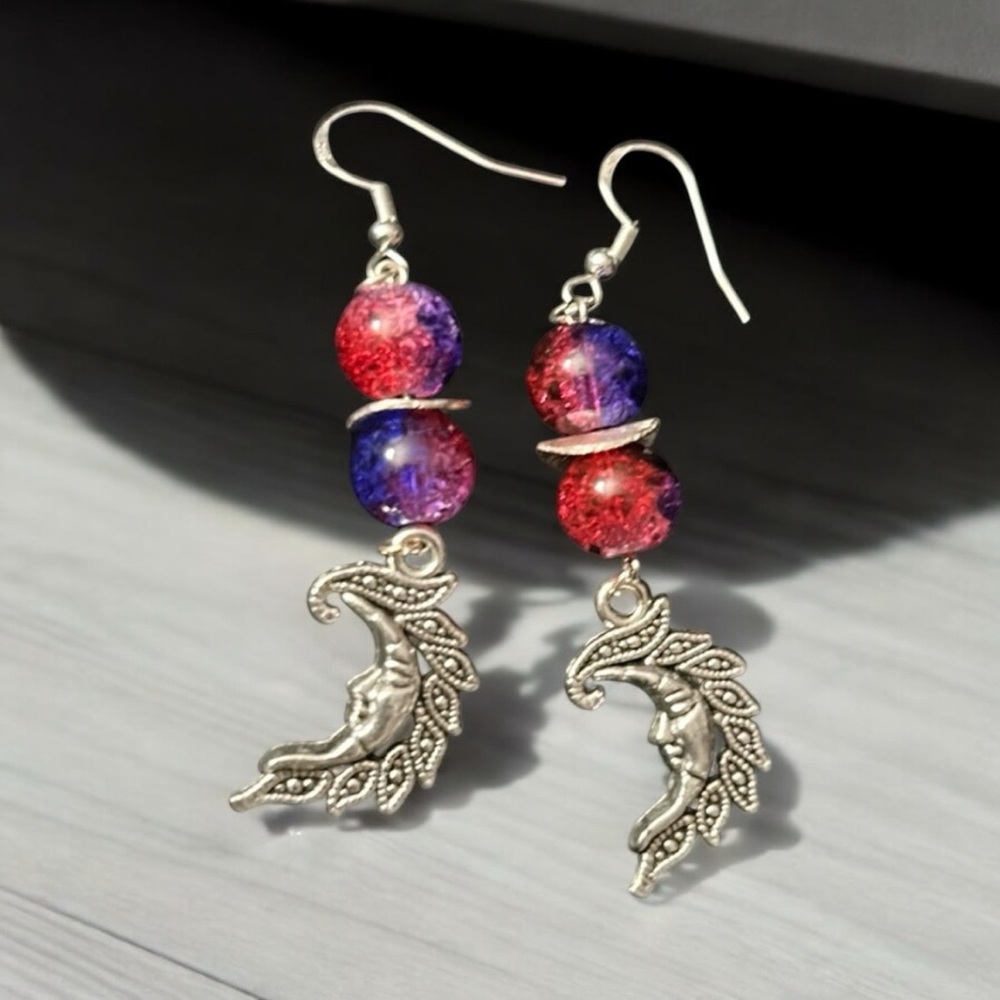 Hand Crafted Earrings Moon Sister Purple Red Dangles